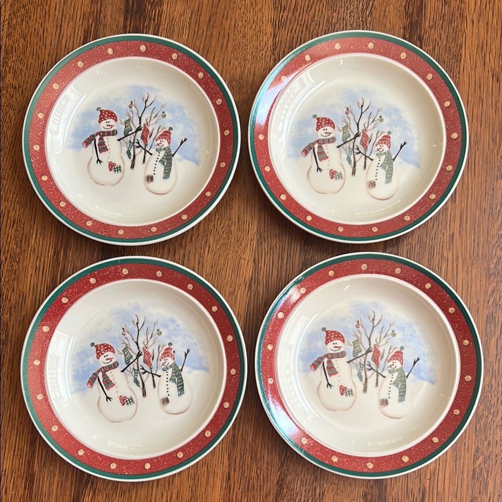 Four Red and Green Holiday Dinnerware Small Plates with Snowman Design